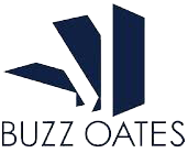 The logo for buzz oates is a blue and white logo with a white arrow.