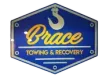 Brace Towing & Recovery blue hexagonal sign with gold lettering and hook icon