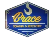 Brace Towing & Recovery blue hexagonal sign with gold lettering and hook icon