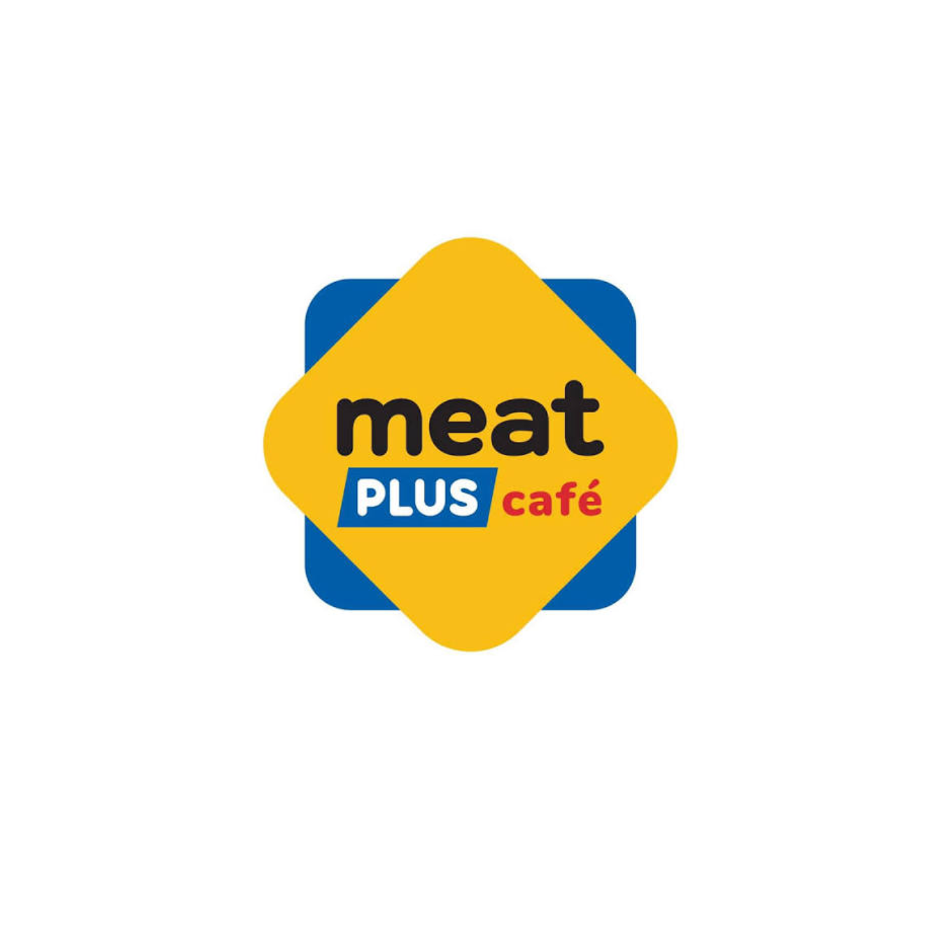 Meat Plus Café logo in yellow, blue, and black text