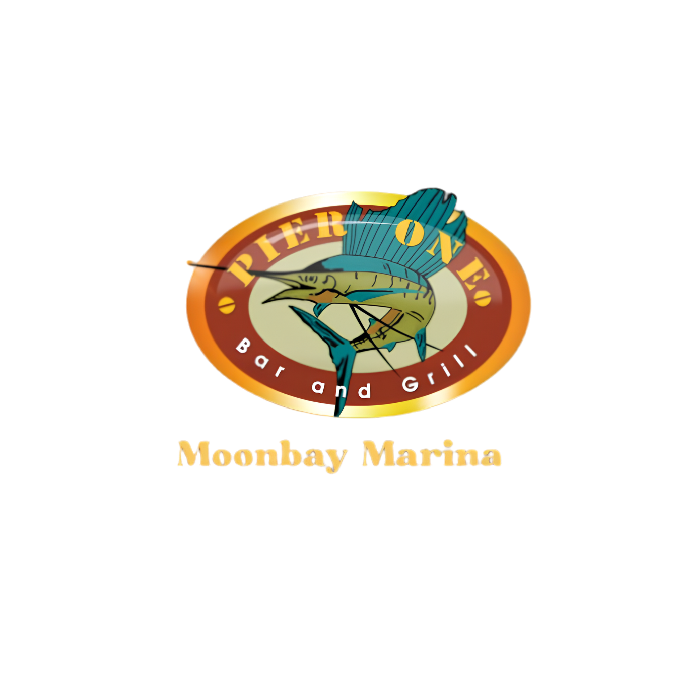 Moonbay Marina logo with a fish and blue sailboat on a gold-orange emblem