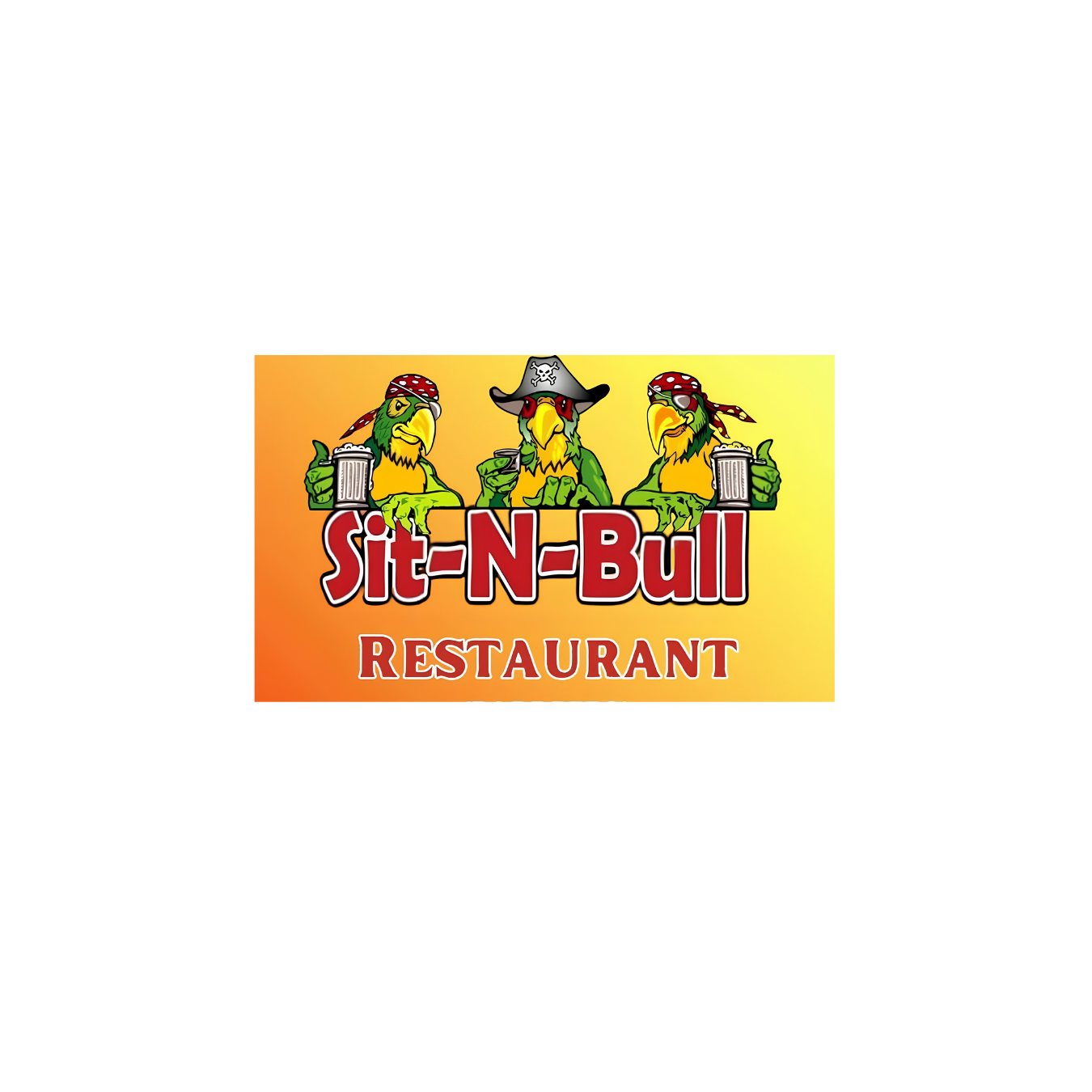 Sie-N-Bull Restaurant logo with three cartoon bulls holding beers on a yellow-orange background