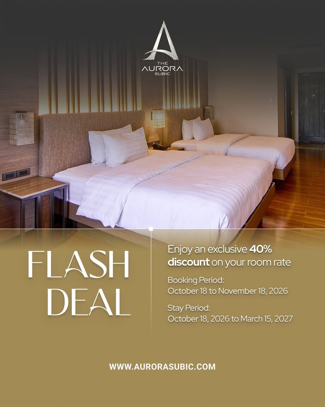 Hotel room promo with two white beds, “Flash Deal” text, and discount offer details on a gold background