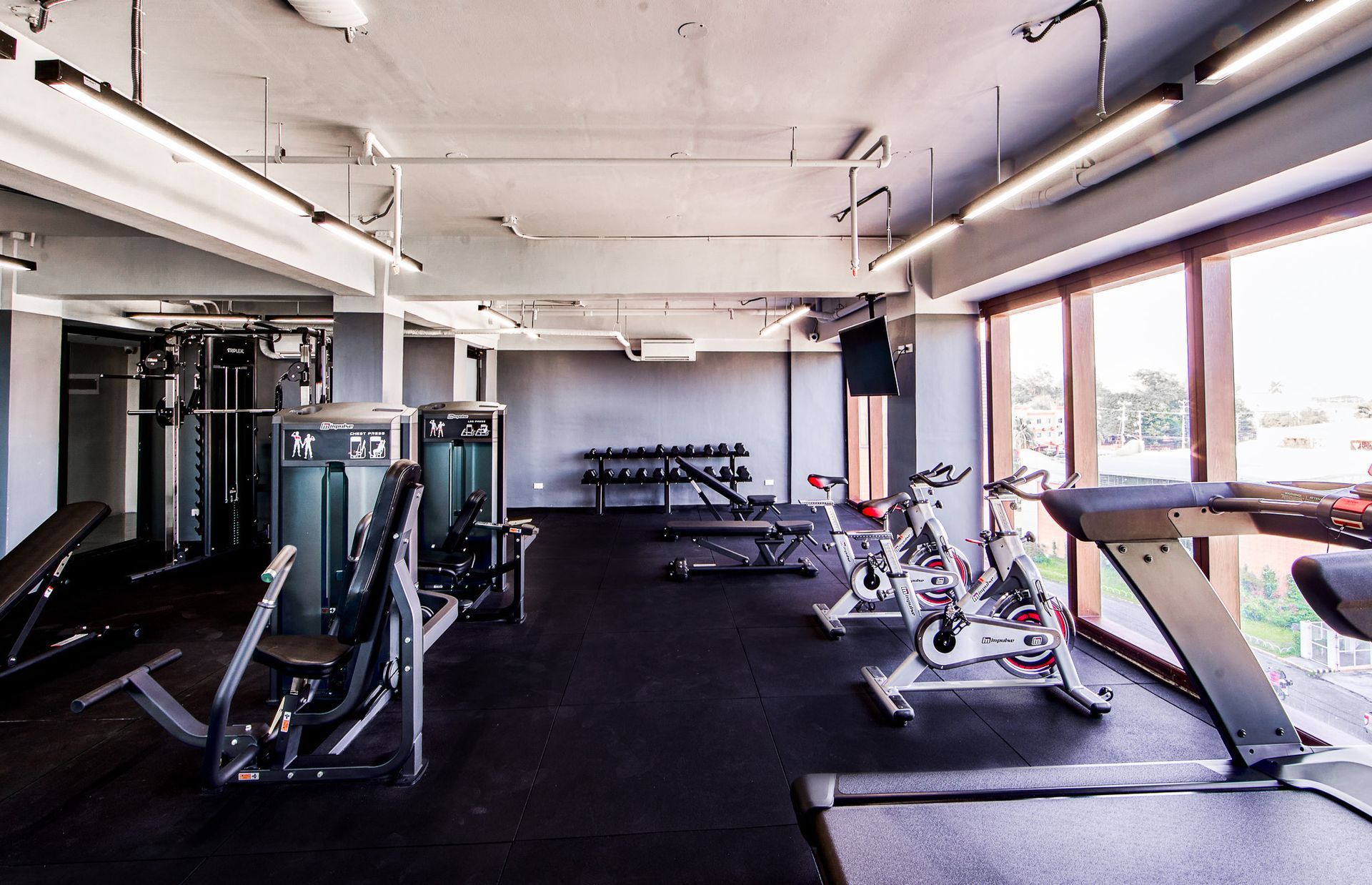 Modern gym with treadmills, weight machines, and exercise bikes in a bright room