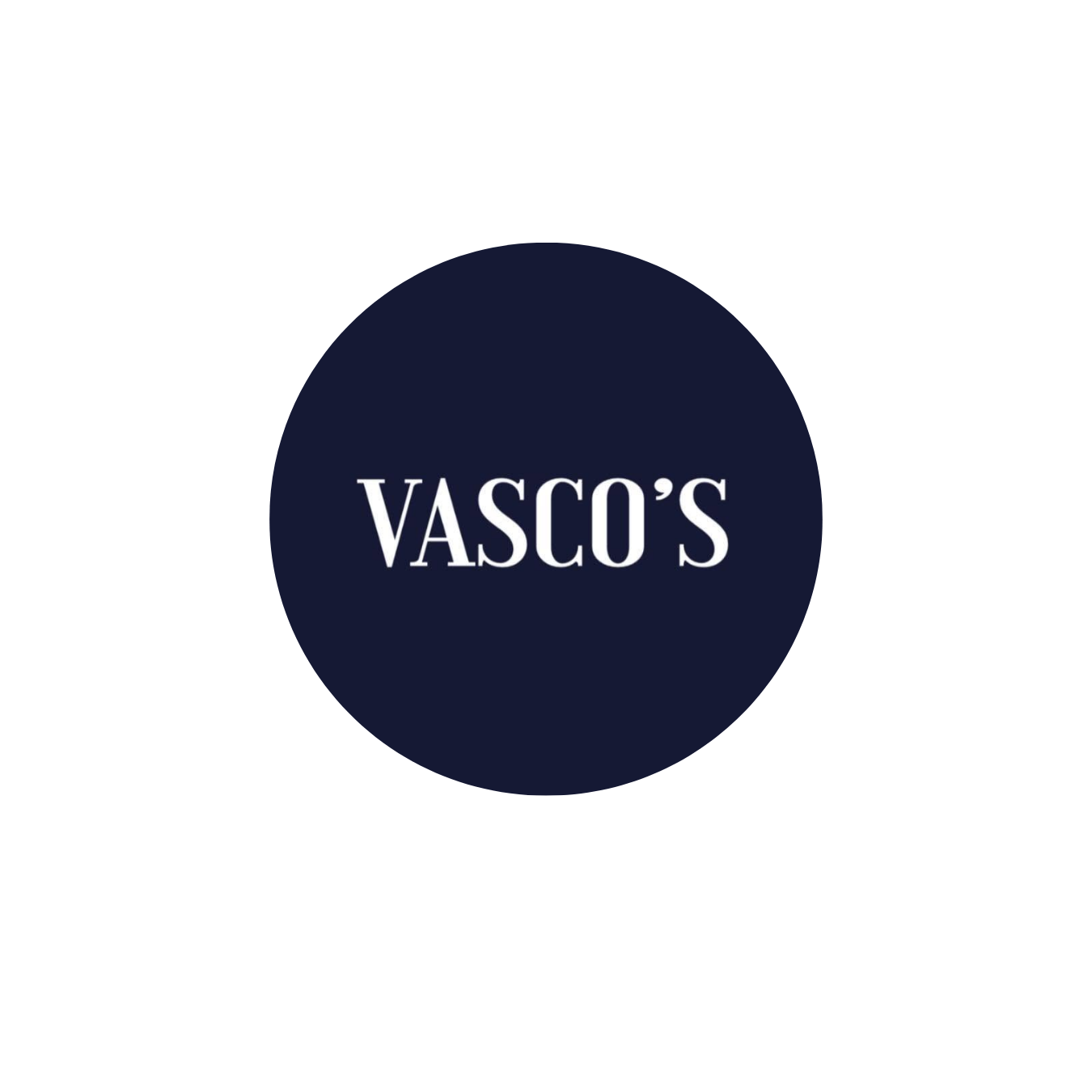 Dark navy circular logo with white text reading “VASCO’S”
