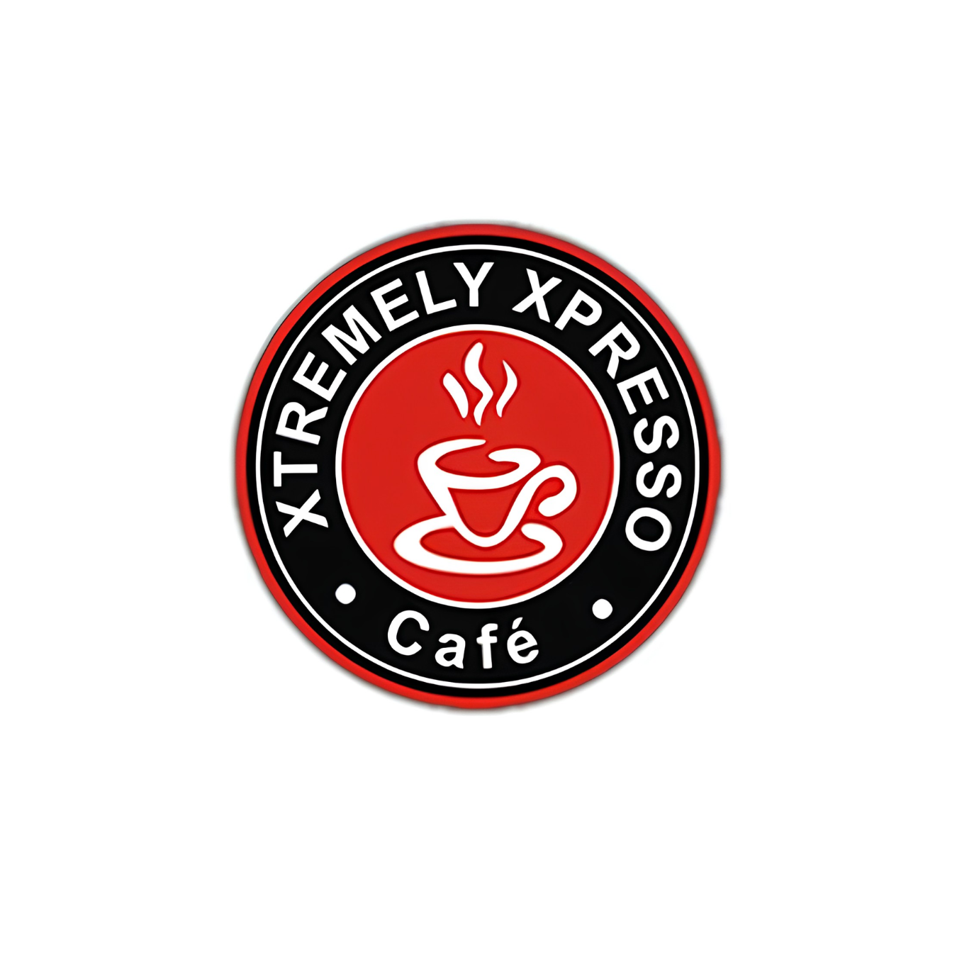 XTREMELY XPRESSO café logo with a red coffee cup on a black circular badge