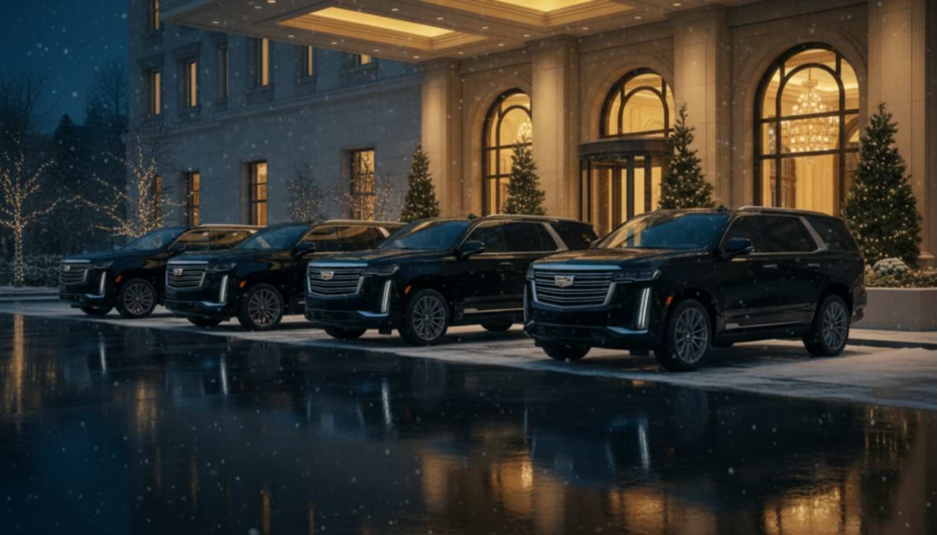 Black SUVs parked in front of a warmly lit hotel entrance on a rainy night.