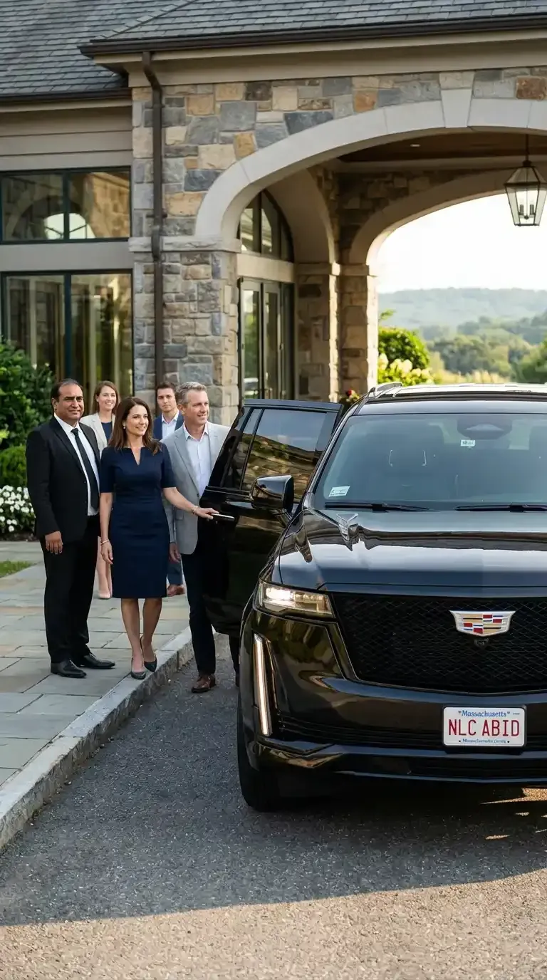 A man in a suit and tie is standing in front of a car