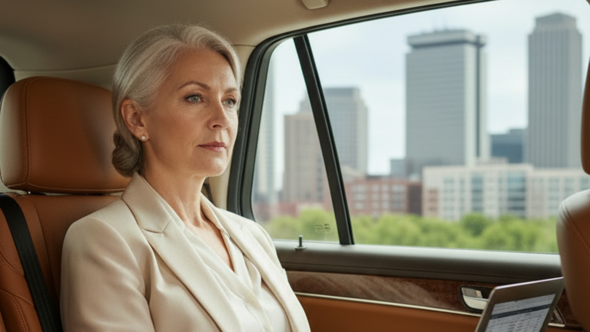 Woman in a beige blazer riding in a car, looking out the window at a city skyline.