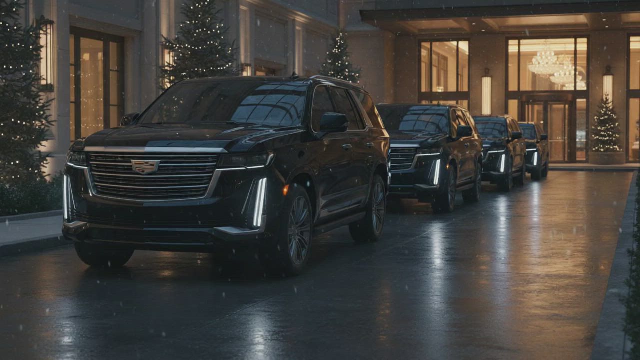 Three black SUVs lined up under a hotel entrance at night, reflecting on wet pavement.