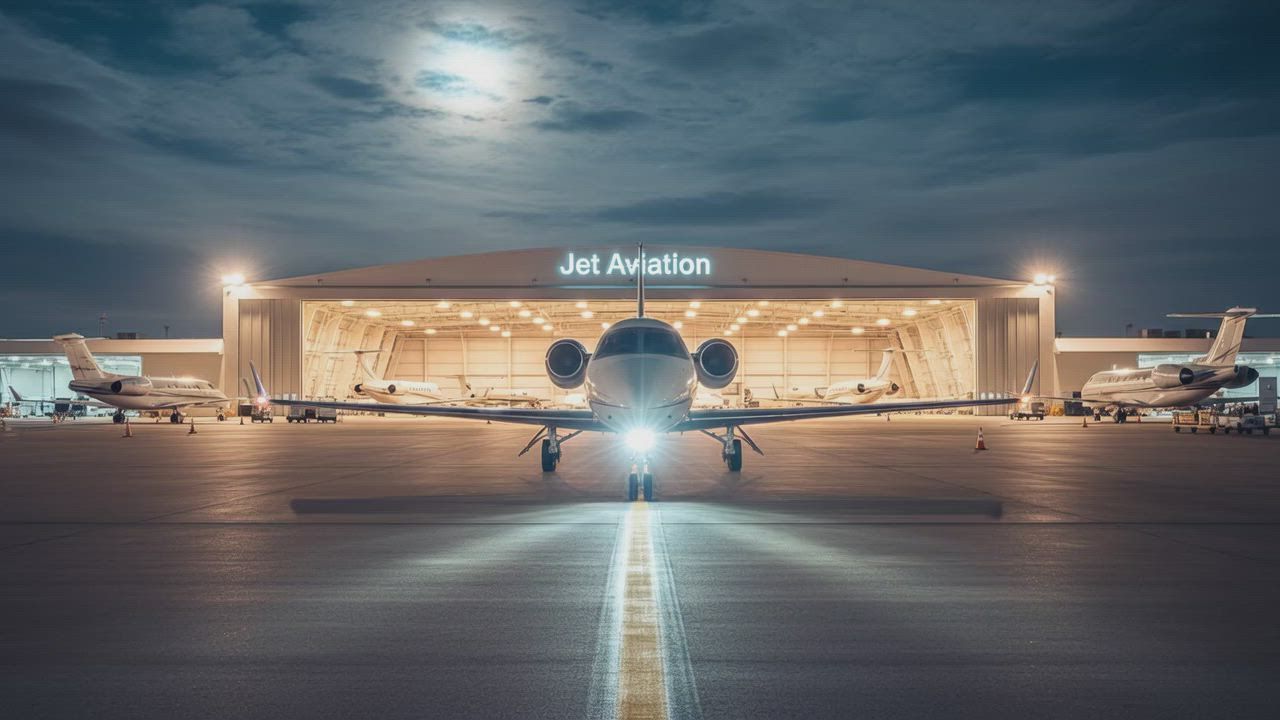 Jet Aviation hangar at night with a jet centered on the runway, headlights glowing under a moonlit sky.