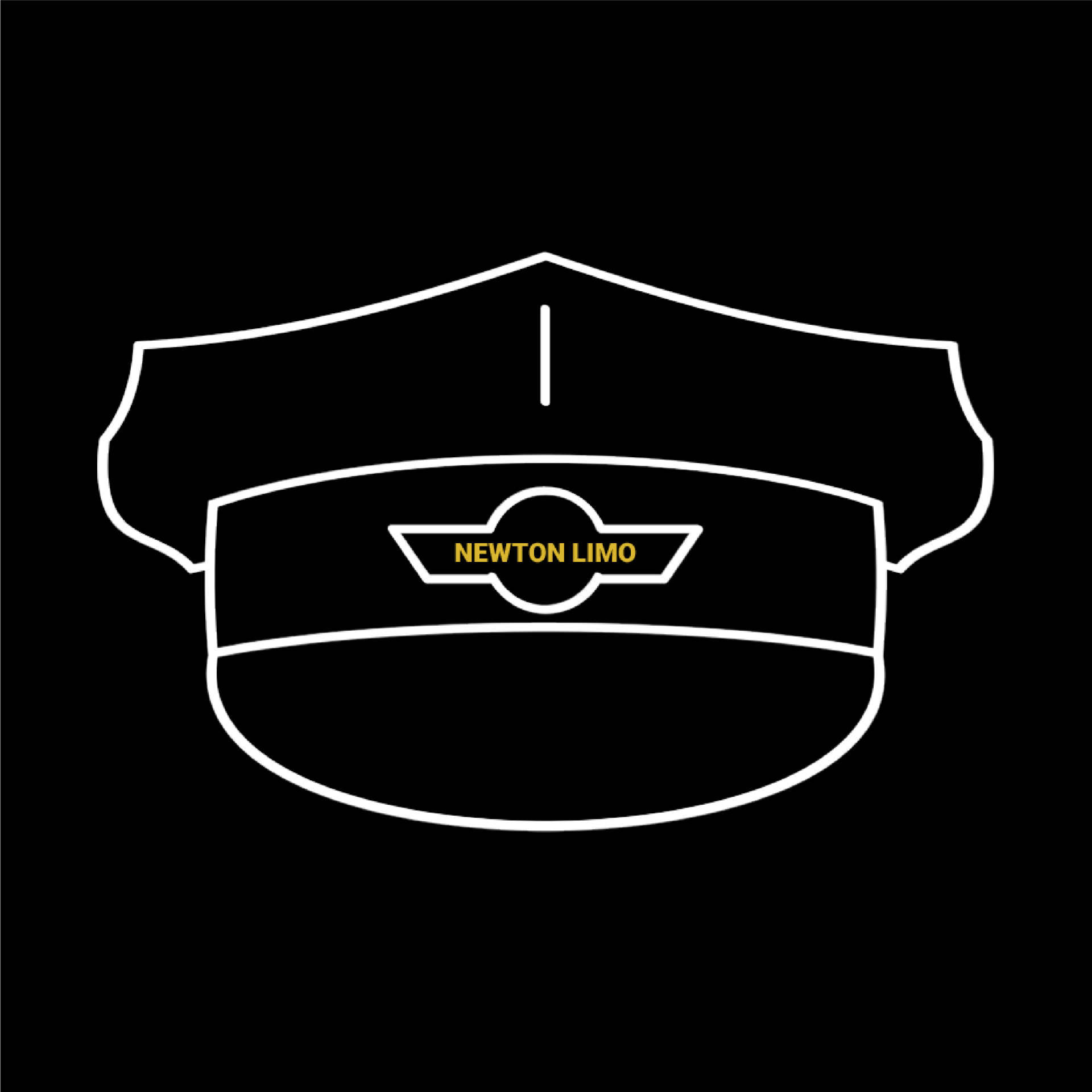 A white line drawing of a chauffeur hat on a black background.