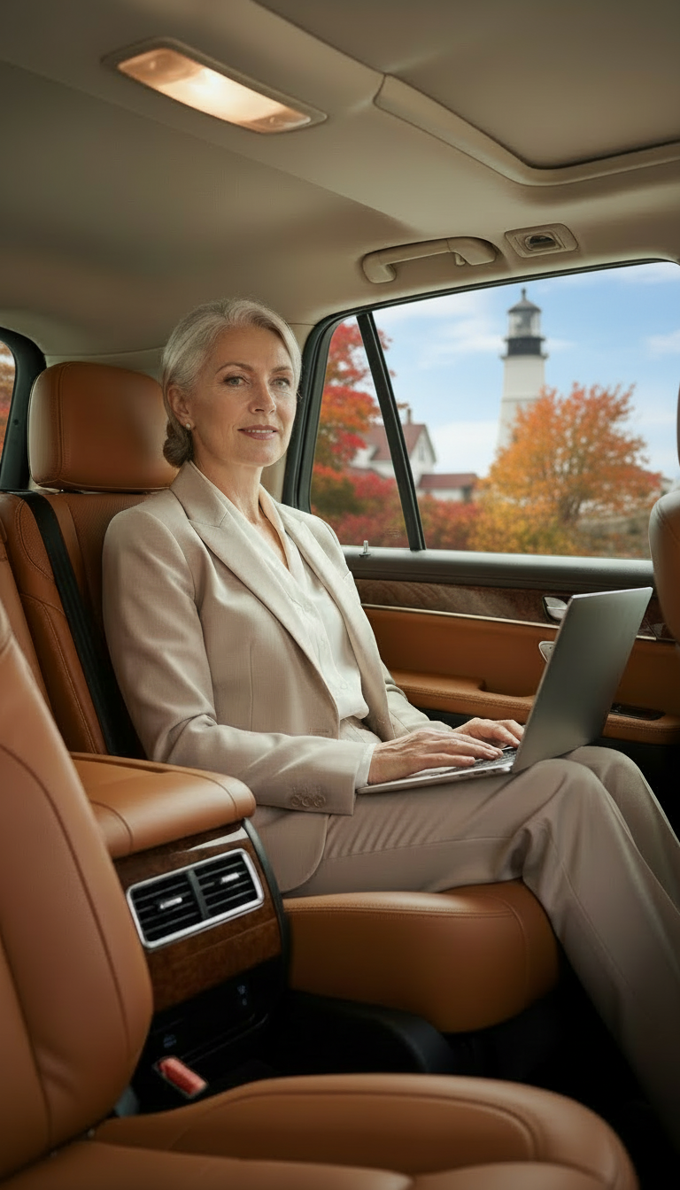 Executive passenger using professional corporate black car service in Peabody, Massachusetts