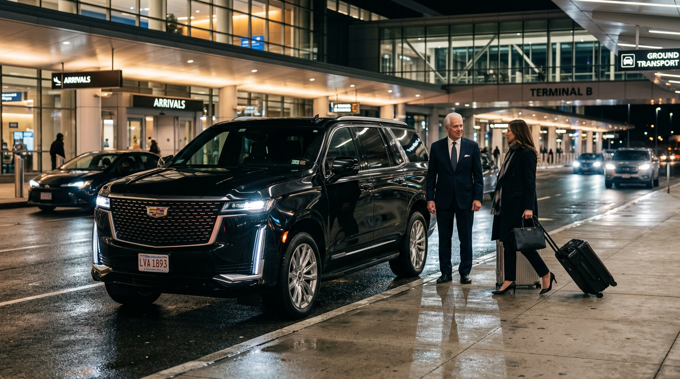 Black SUV parked at a Logan airport curb, with two people standing beside luggage at night.
