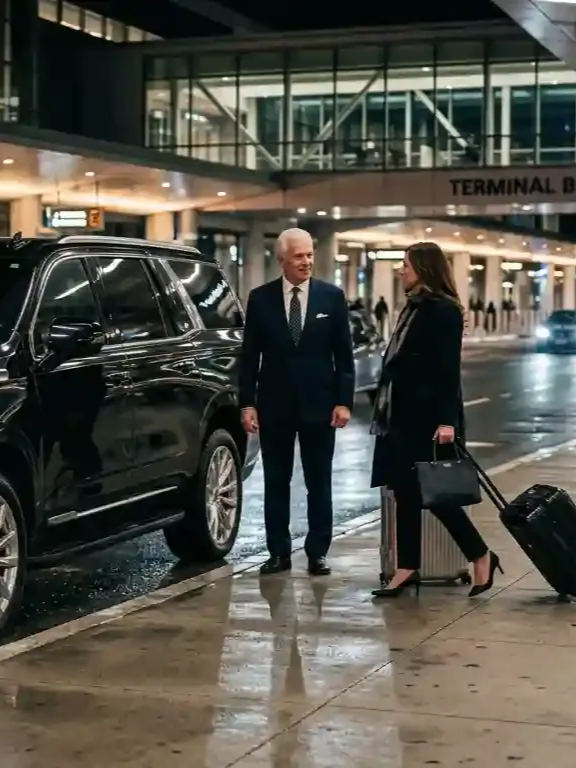 Luxury black car and professional chauffeur providing private pickup service from Boston Logan Airport