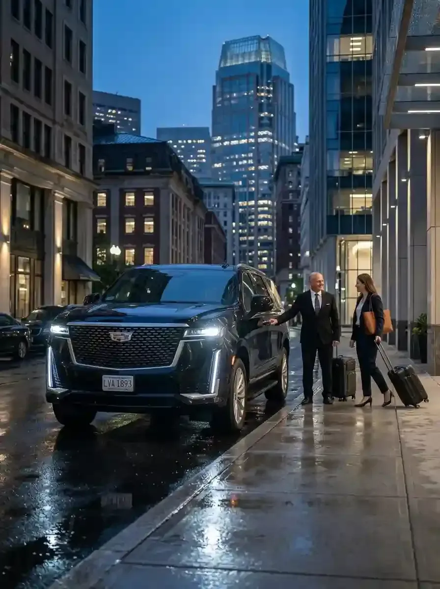 Executive traveler using private black car service from Boston to Logan International Airport