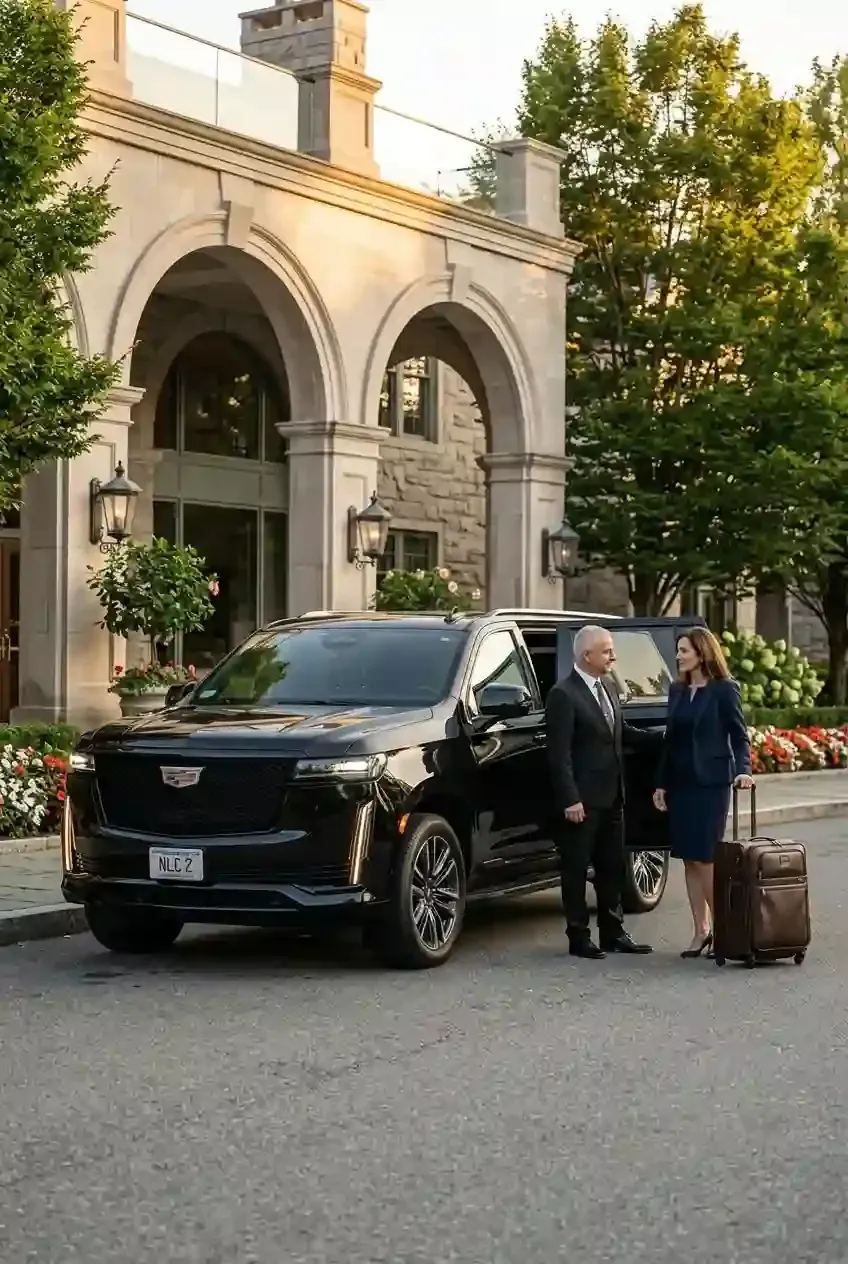 Traveler with luggage using private black car service from Brookline to Boston Logan International Airport