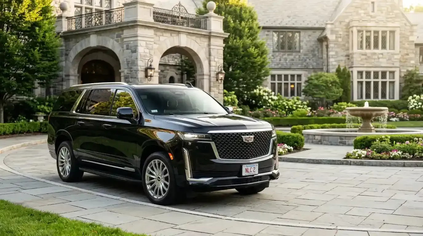 Black Cadillac Escalade executive SUV parked in Concord for luxury chauffeur and black car transportation service.