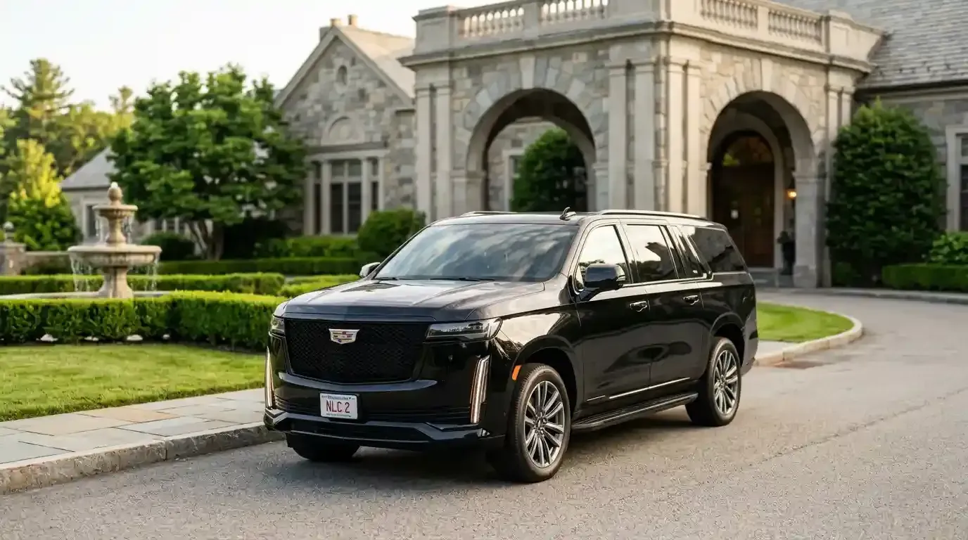 Black Cadillac Escalade executive SUV parked in Danvers for luxury chauffeur and black car transportation service.