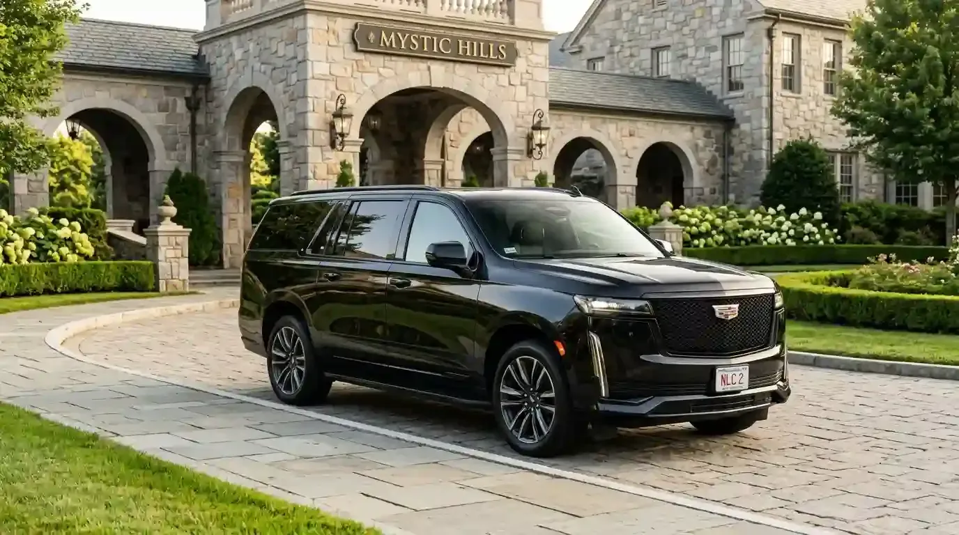 Black Cadillac Escalade executive SUV parked in Dover for luxury chauffeur and black car transportation service.