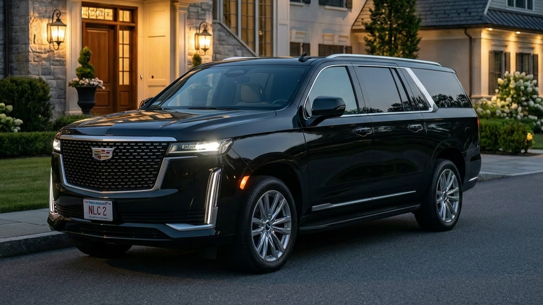 Black Cadillac Escalade premium luxury SUV for executive chauffeur service and private aviation airport transfers at Hanscom Field BED in Massachusetts