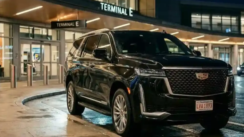 Black Cadillac Escalade executive SUV parked in Boston Logan Airport Terminal E for luxury  airport black car  service.
