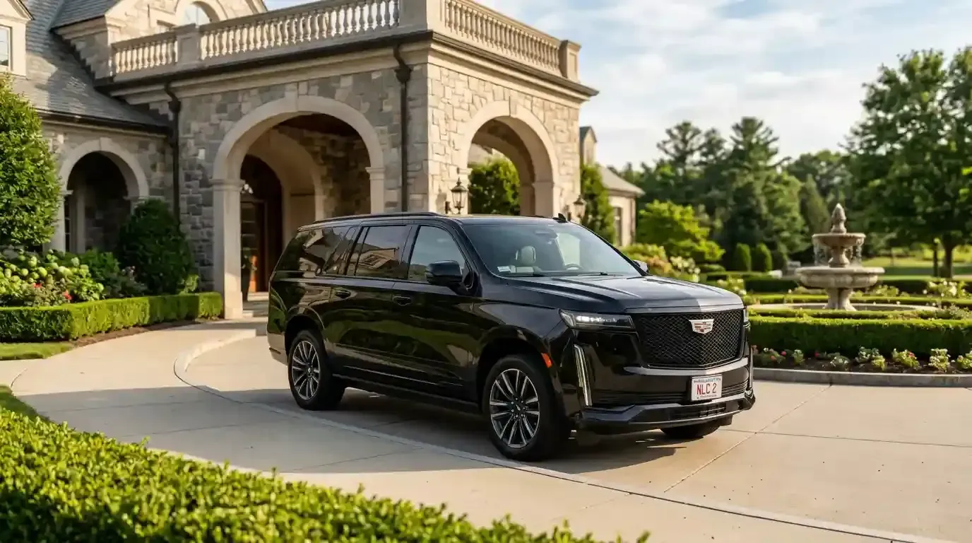 Black Cadillac Escalade executive SUV parked in Marlborough for luxury chauffeur and black car transportation service.