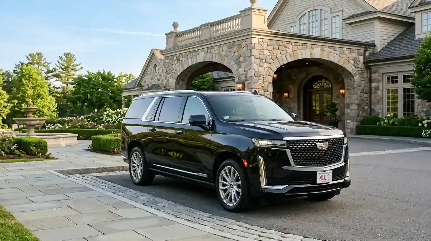 Black Cadillac Escalade executive SUV parked in Maynard for luxury chauffeur and black car transportation service.