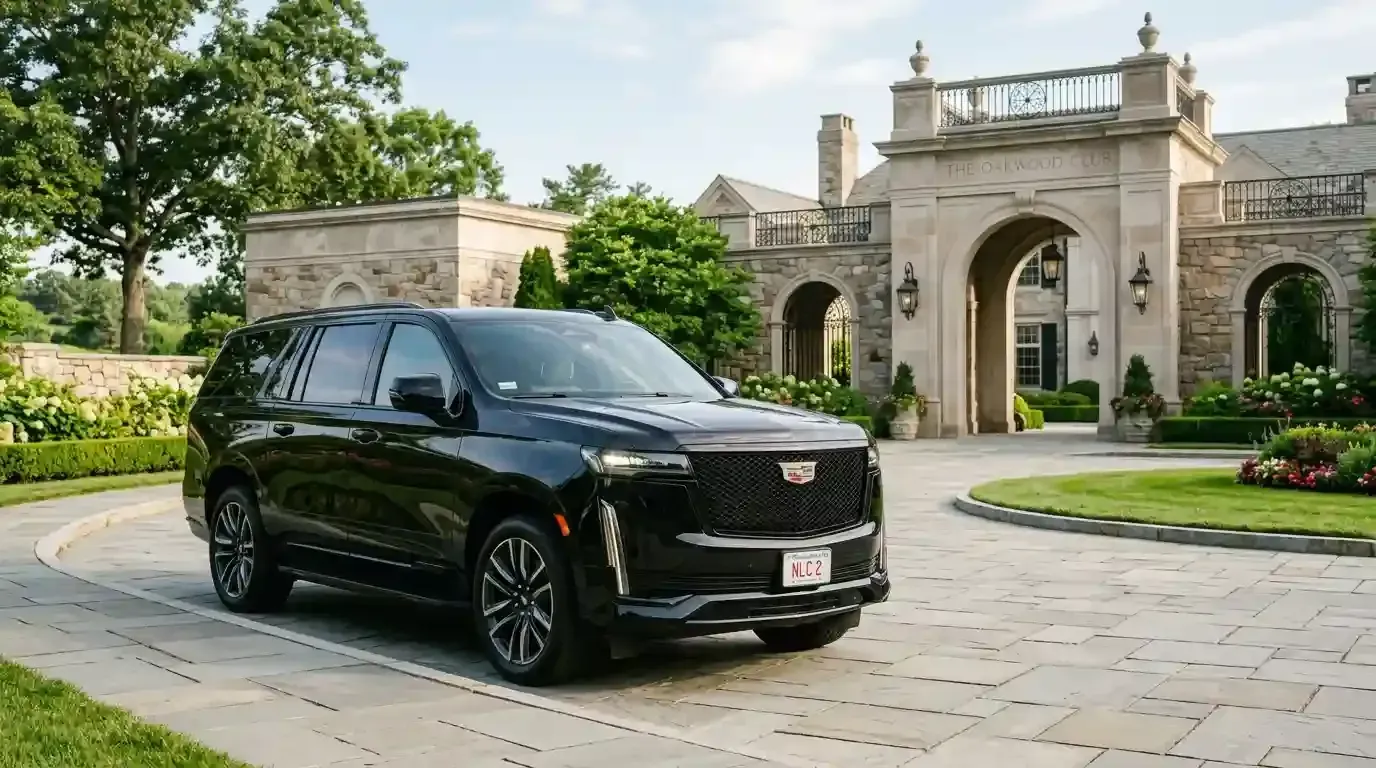 Black Cadillac Escalade executive SUV parked in Medfield for luxury chauffeur and black car transportation service.