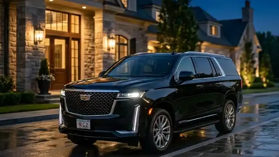 Black 2026 Cadillac Escalade executive SUV parked in Newton for luxury chauffeur and black car transportation service.

