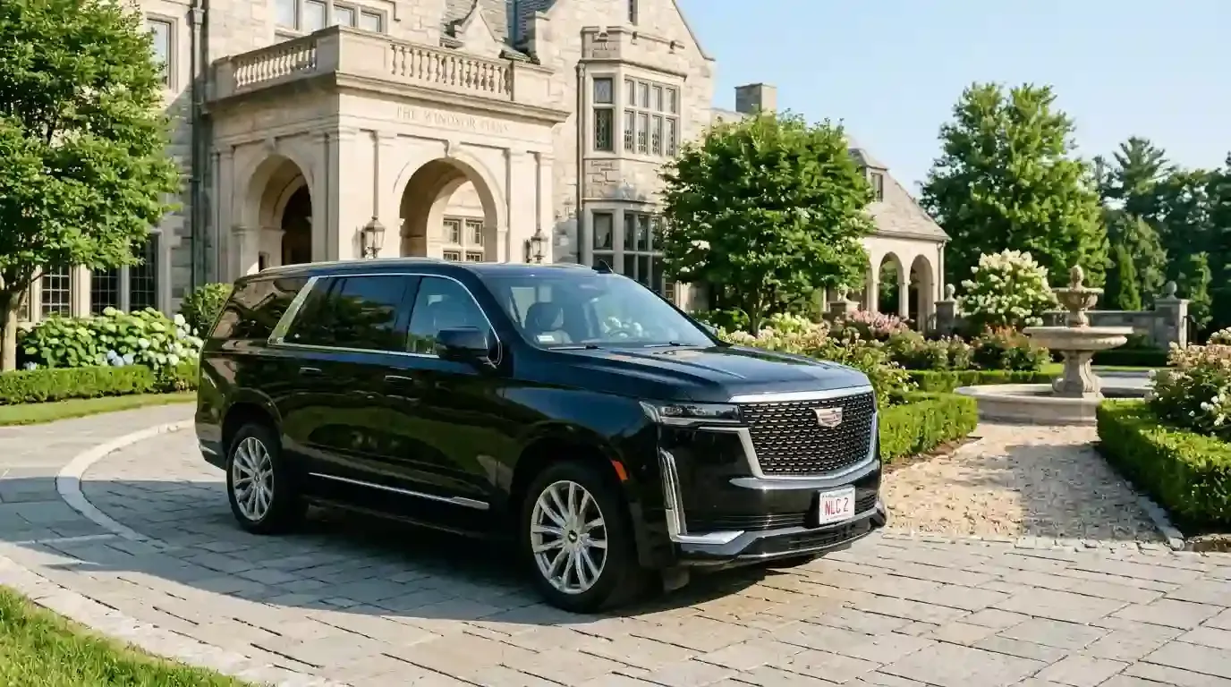 Black 2026 Cadillac Escalade executive SUV parked in Sherborn for luxury chauffeur and black car transportation service.
