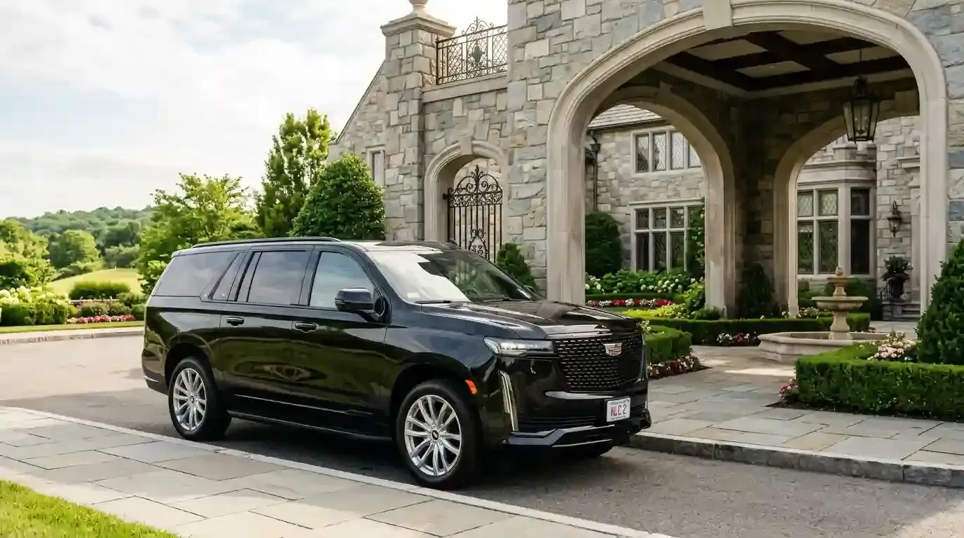 Black 2026 Cadillac Escalade executive SUV parked in Wakefield for luxury chauffeur and black car transportation service.
