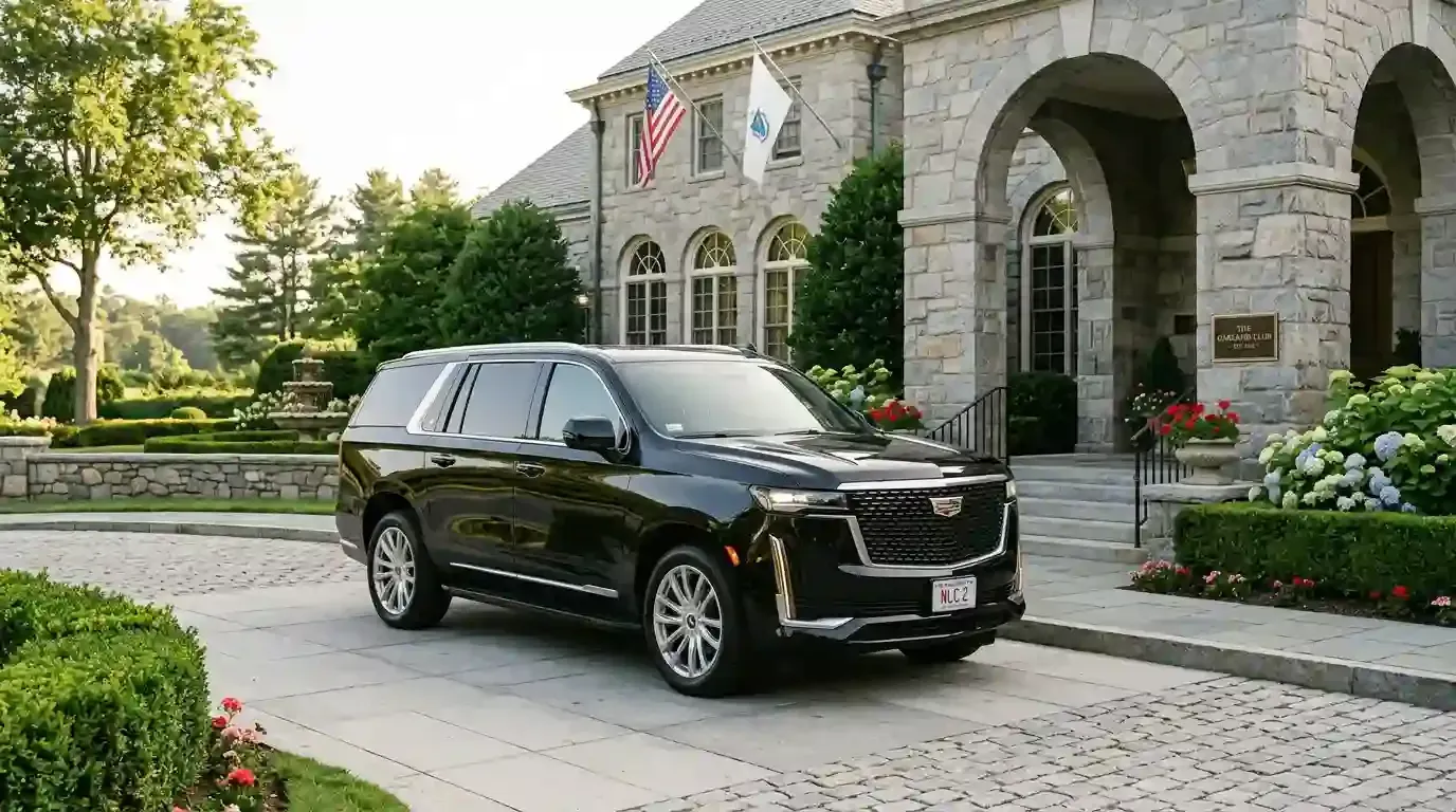 Black 2026 Cadillac Escalade executive SUV parked in Wayland for luxury chauffeur and black car transportation service.
