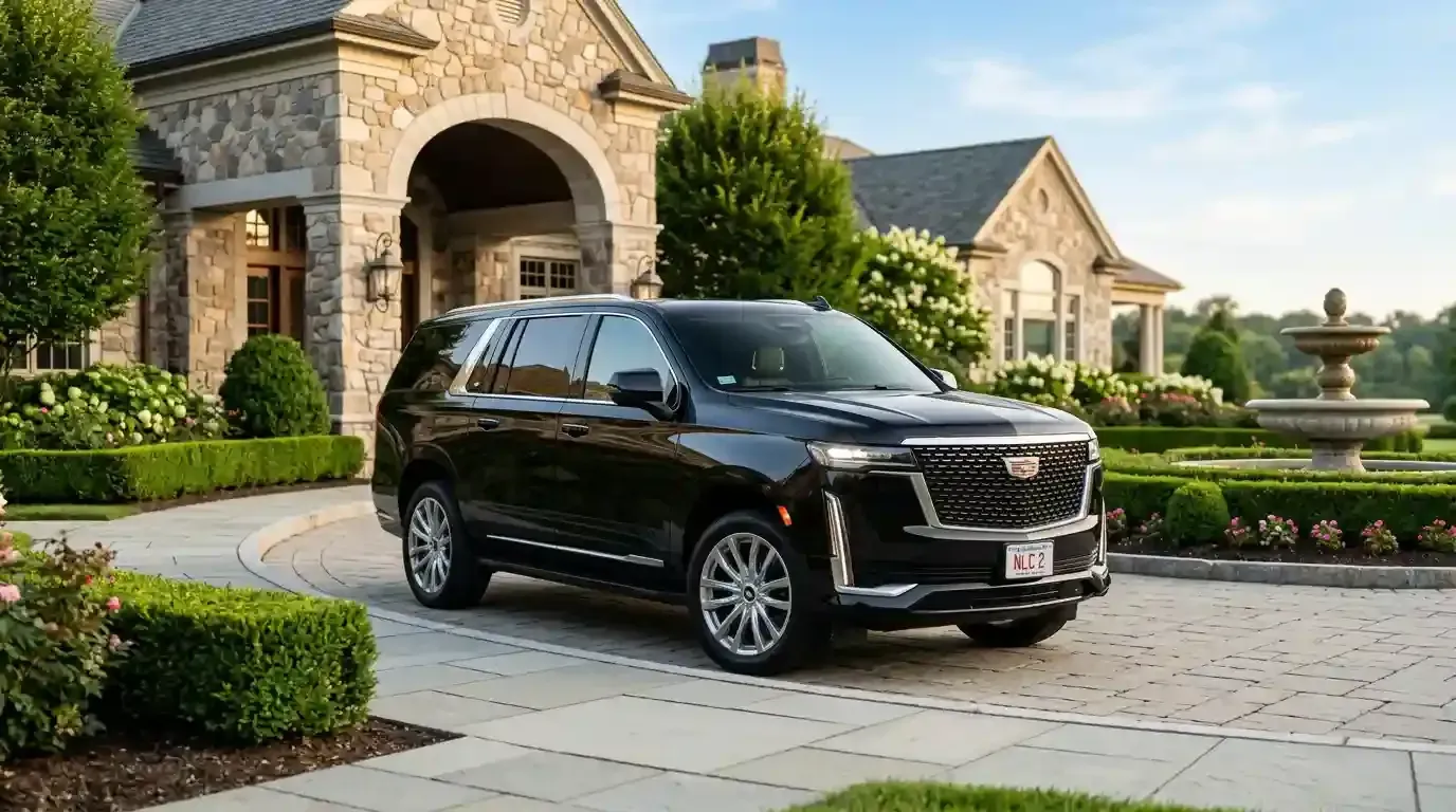 Black 2026 Cadillac Escalade executive SUV parked in Wellesley for luxury chauffeur and black car transportation service.
