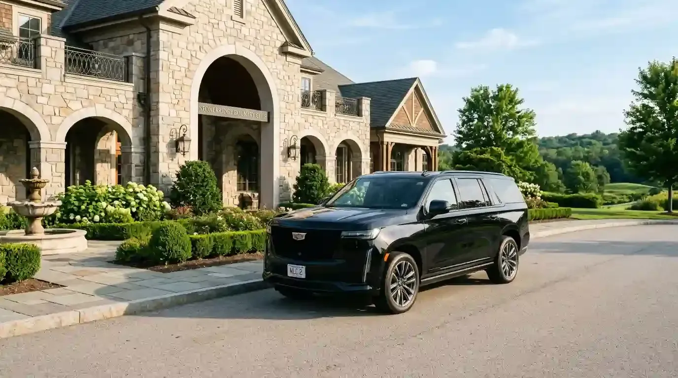 Black 2026 Cadillac Escalade executive SUV parked in Westborough for luxury chauffeur and black car transportation service.
