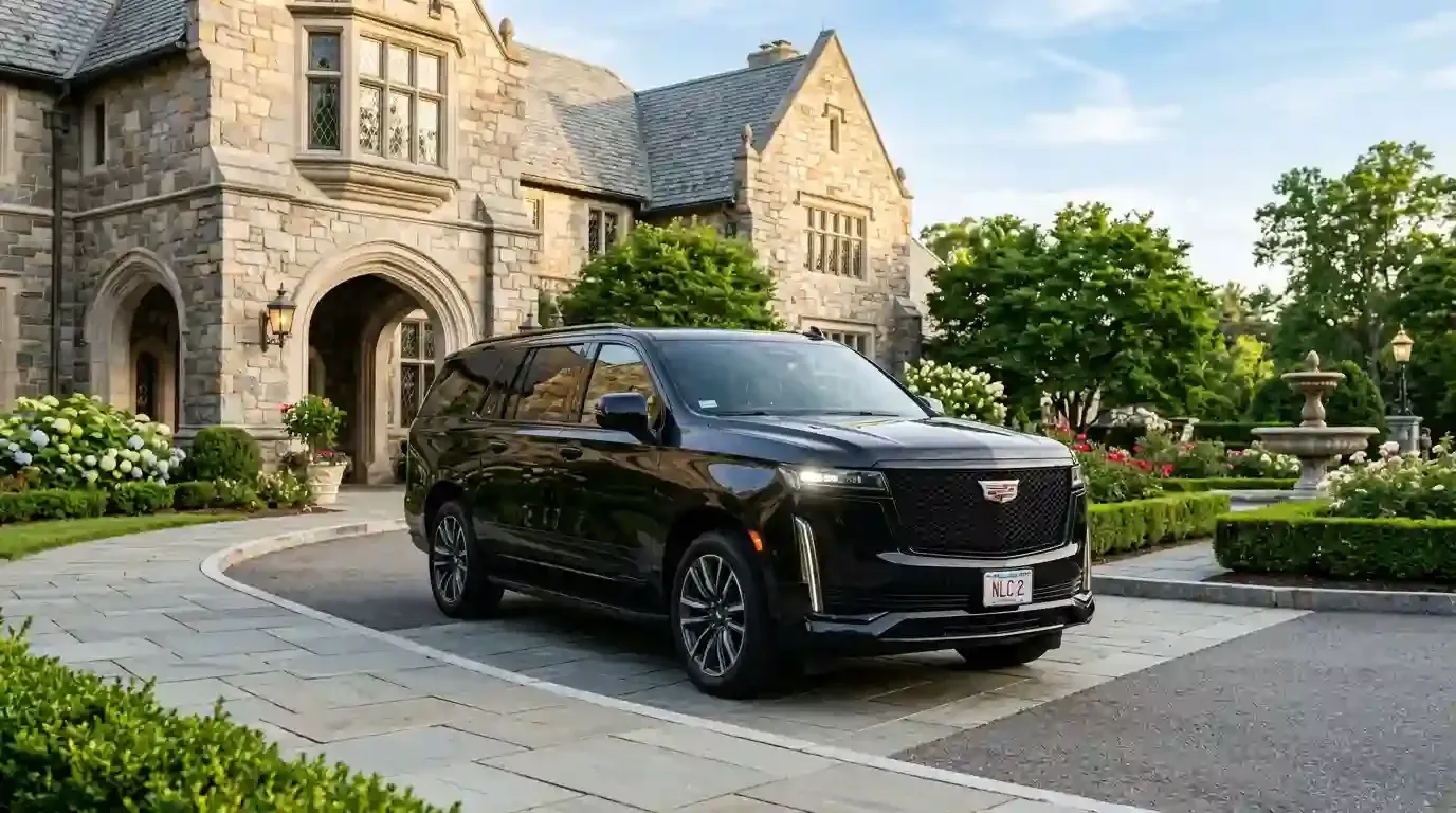 Black 2026 Cadillac Escalade executive SUV parked in Woburn for luxury chauffeur and black car transportation service.
