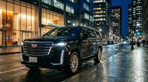 Black 2026 Cadillac Escalade executive SUV in Boston  for luxury chauffeur, black car, and executive transportation service.
