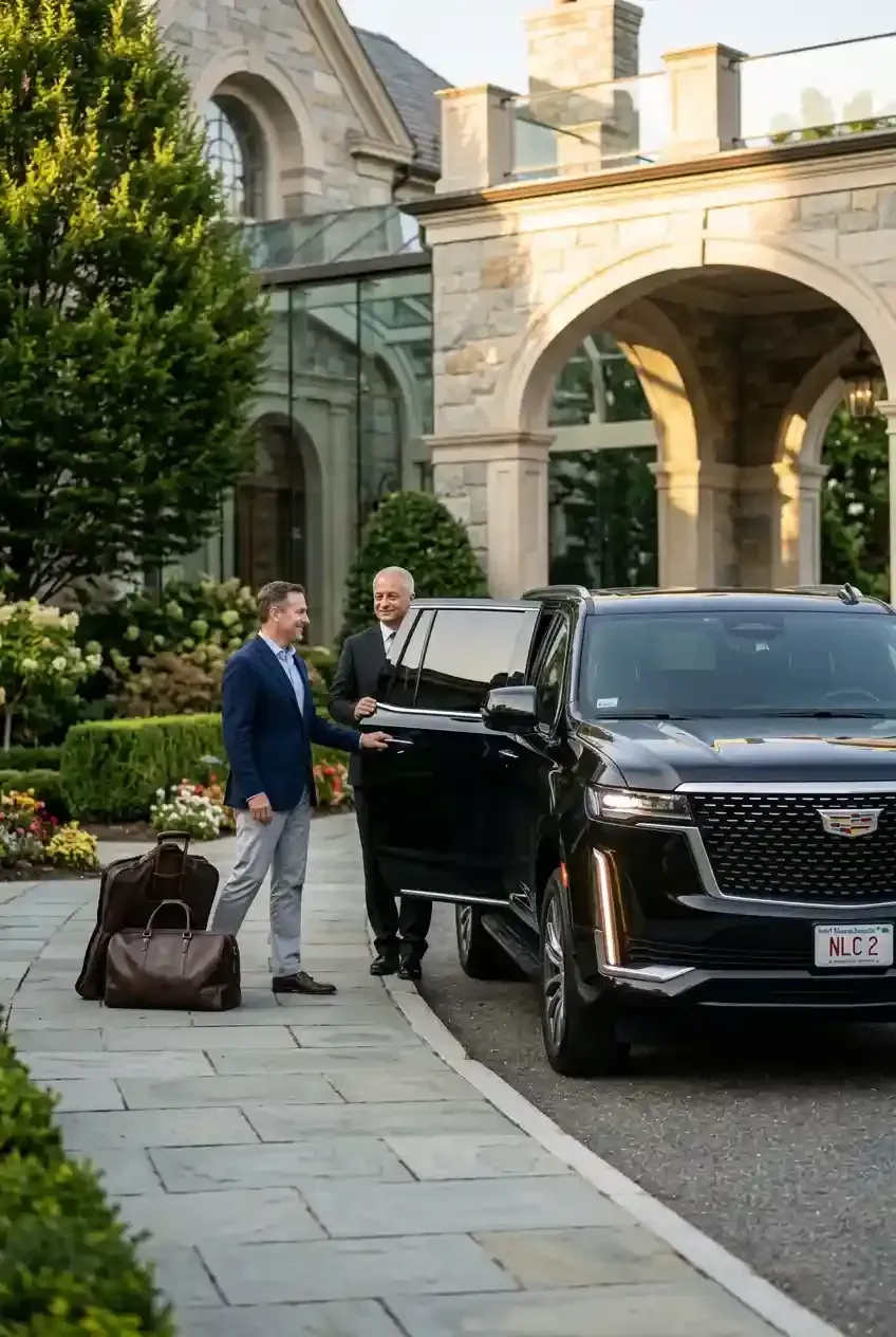 Traveler with luggage using private black car service from Canton to Boston Logan International Airport