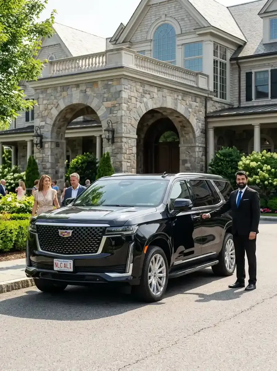 A man in a suit and tie is standing in front of a car