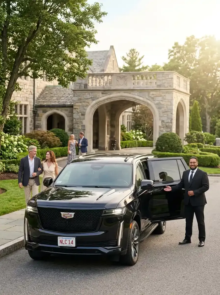 A man in a suit and tie is standing in front of a car