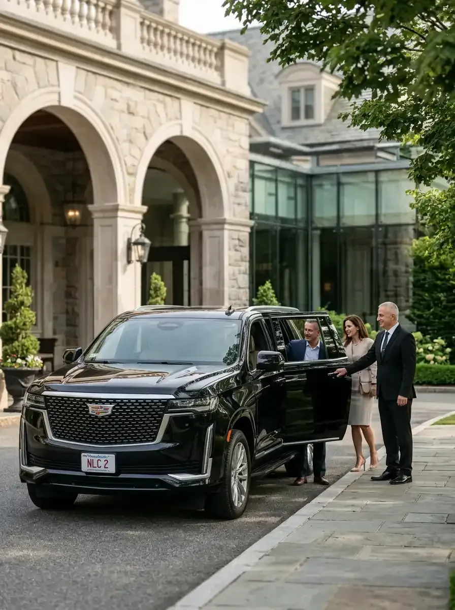 A man in a suit and tie is standing in front of a black suv.