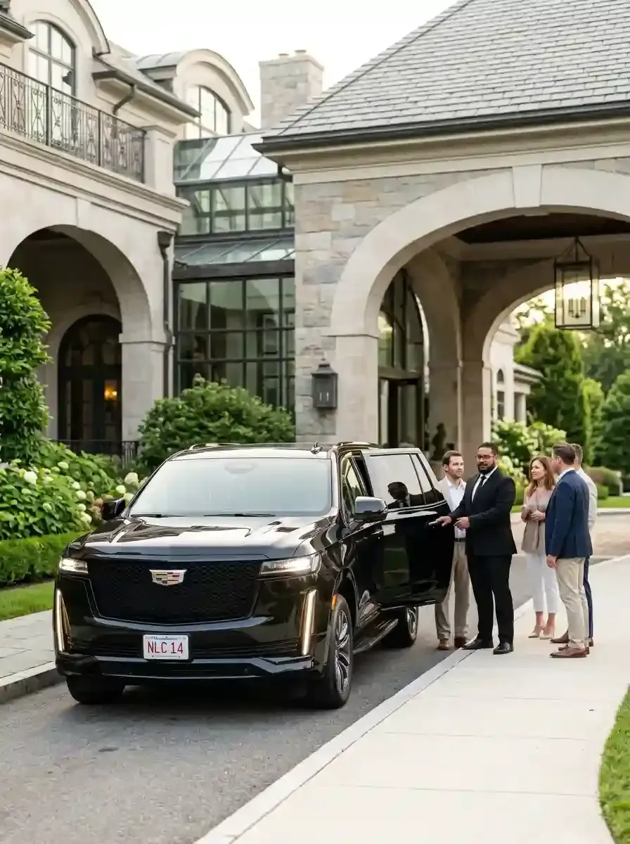 Professional chauffeur opening a luxury black vehicle for passengers in Bedford, Massachusetts