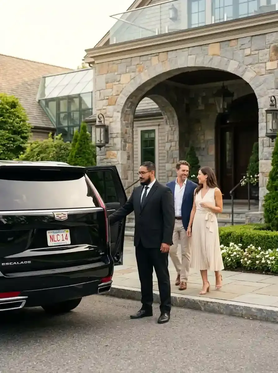 Professional chauffeur opening a luxury black vehicle for passengers in Belmont, Massachusetts