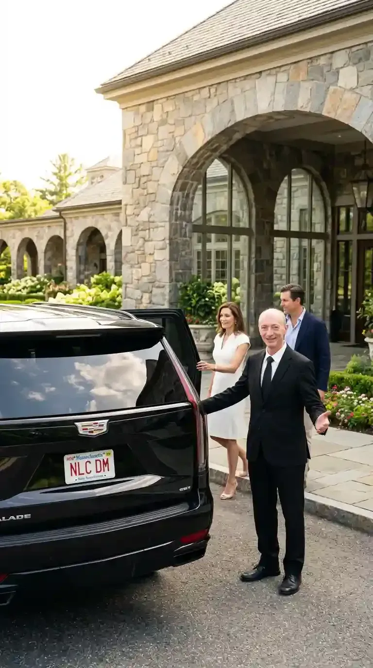Professional chauffeur assisting passengers with luxury black car transportation in Marlborough, Massachusetts