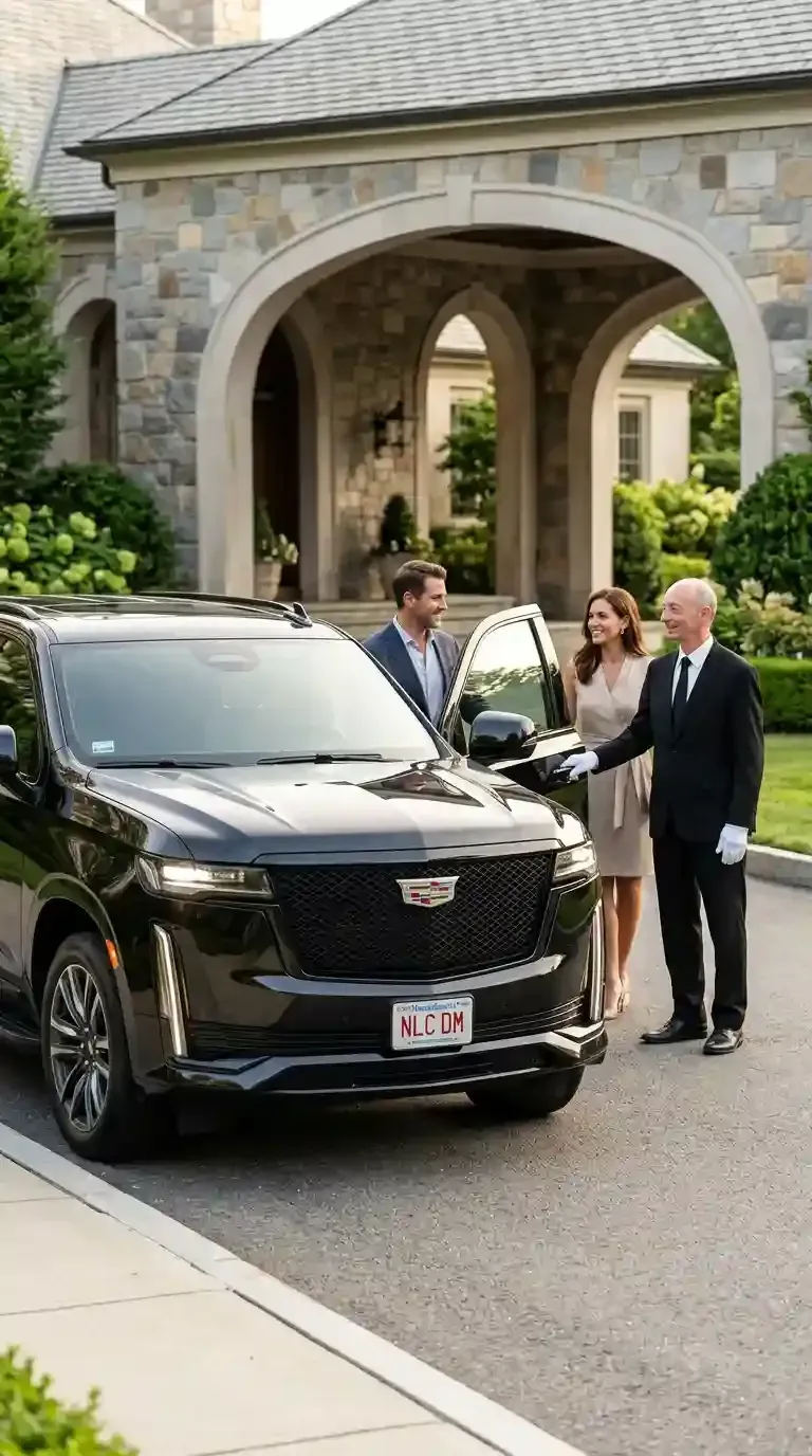 Professional chauffeur assisting passengers with luxury black car transportation in Wayland, Massachusetts