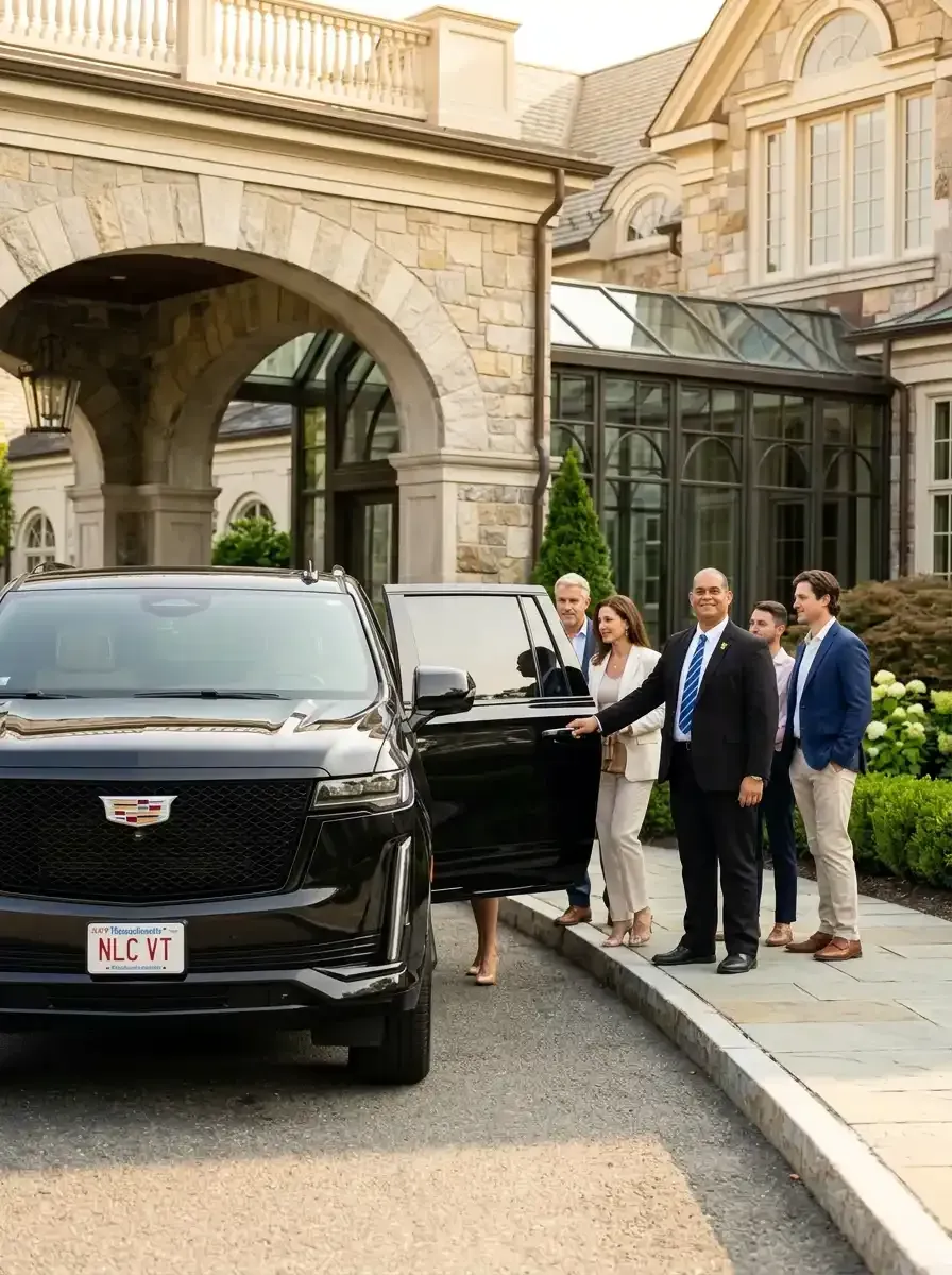 A man in a suit and tie is standing in front of a car