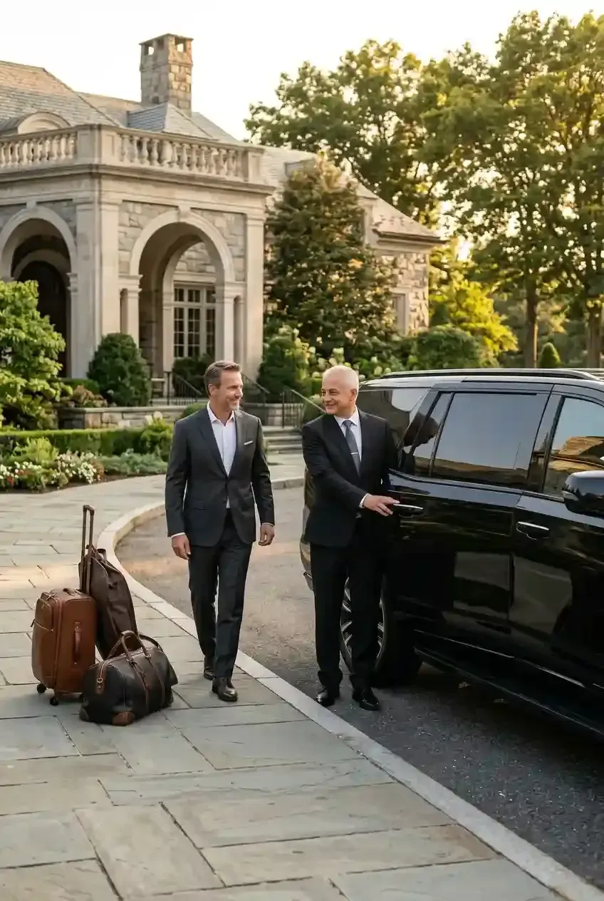 Executive traveler with luggage using private black car service from Chestnut Hill to Boston Logan International Airport