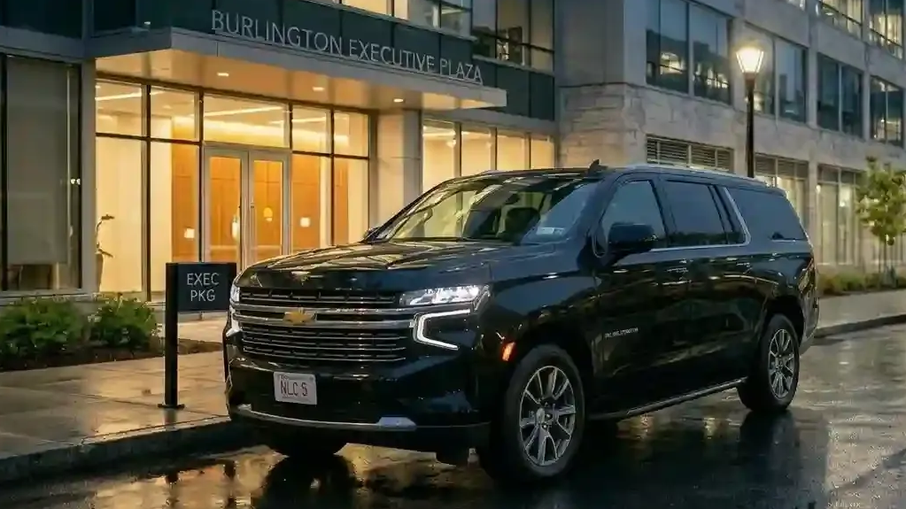Black Chevrolet Suburban executive SUV parked in Burlington for luxury chauffeur and black car service transportation.
