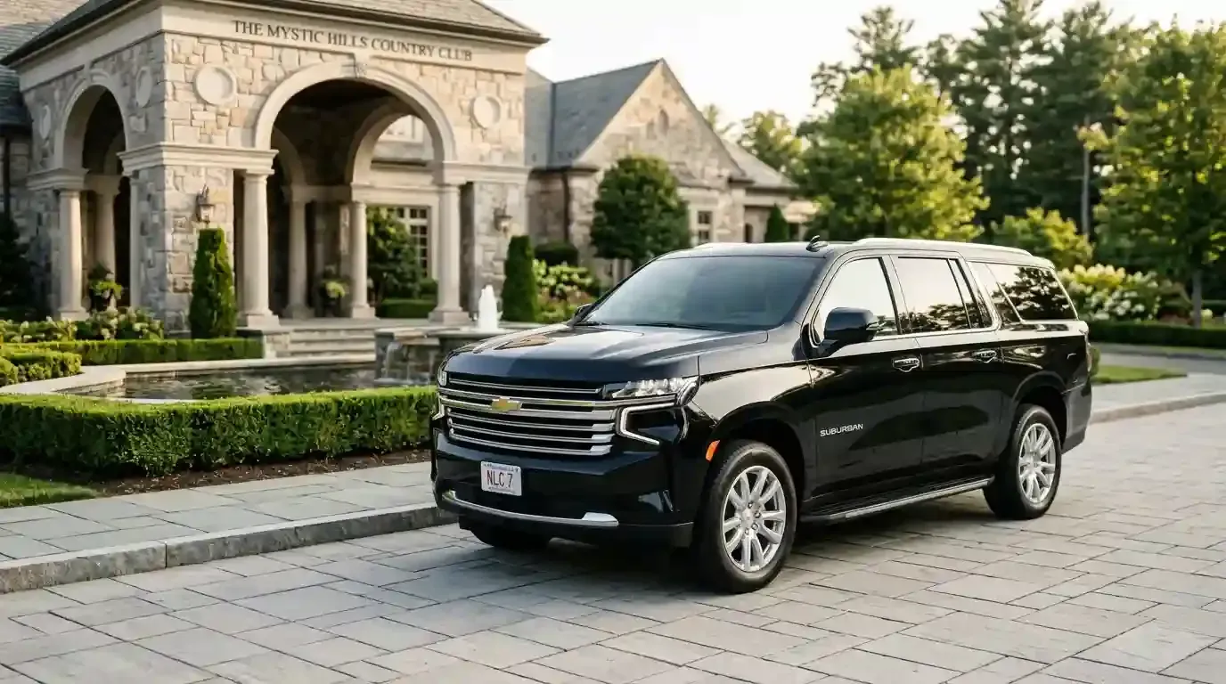 Black Chevrolet Suburban executive SUV parked in Concord for luxury chauffeur and black car transportation service.
