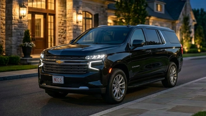 Black Chevrolet Suburban executive SUV for private aviation passengers and professional black car service at Hanscom Field BED in Massachusetts